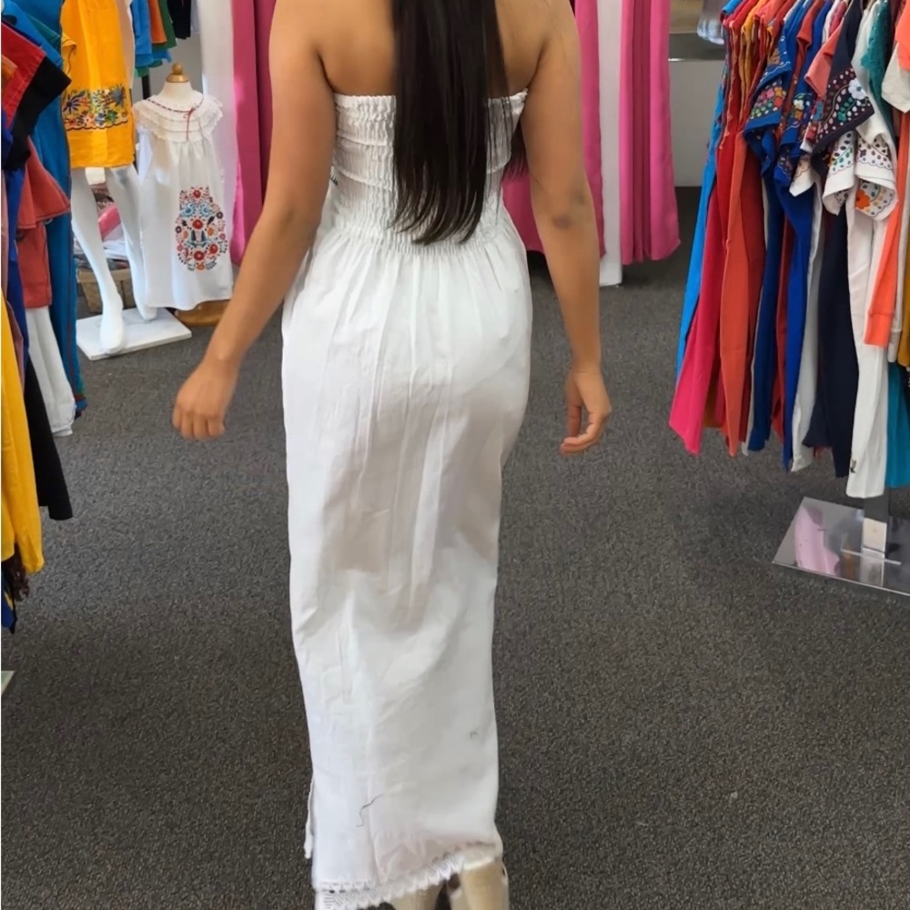 Ivory Mexican Strapless Maxi Dress with hand made floral embroidery - Picture 2 of 2
